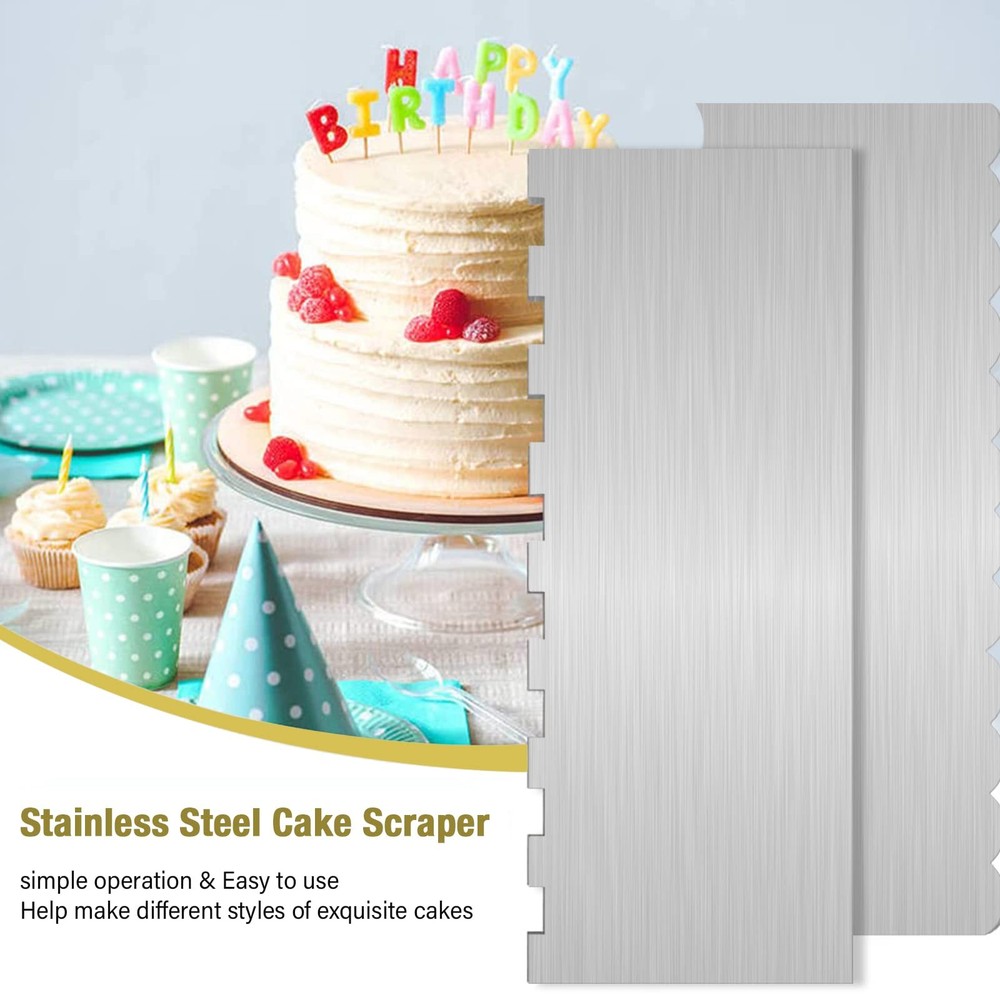 2 Pc Stainless Steel Cake Scraper Cake Decorating Tools Edge Side Jagged Wave...