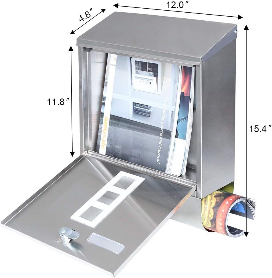 Stainless Steel Mailboxes with Sturdy Key Lock, Wall Mounted Waterproof Mail Box