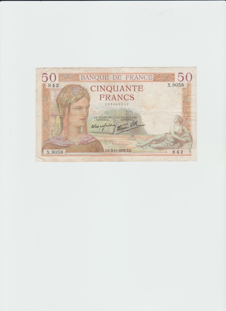 1938 French 50 Francs Banknote