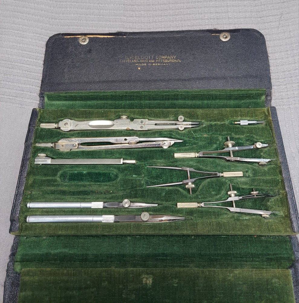 Vintage B.K. Elliott Company Drafting Compass Tool Set With Case