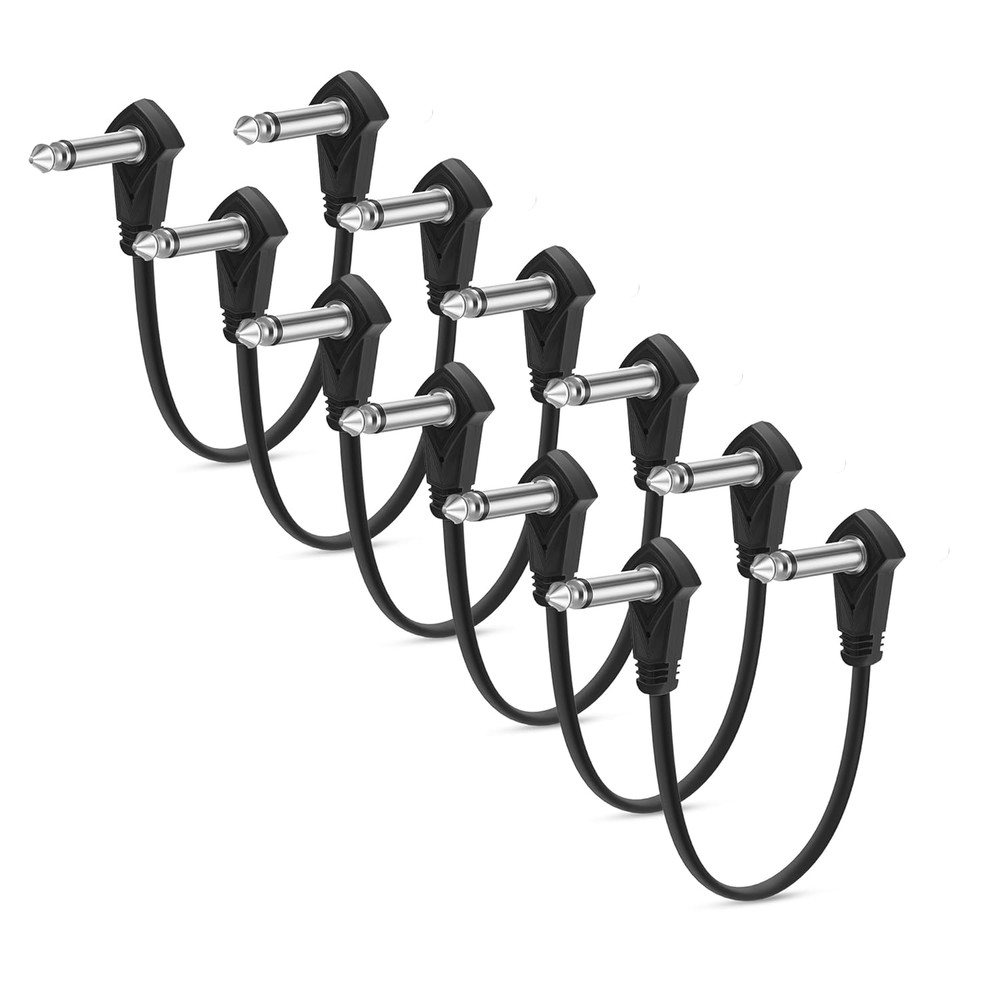 6 Pack 12 Inch Guitar Patch Cables Right Angle 1/4 TS Flat Pedal Effect Cord Bla