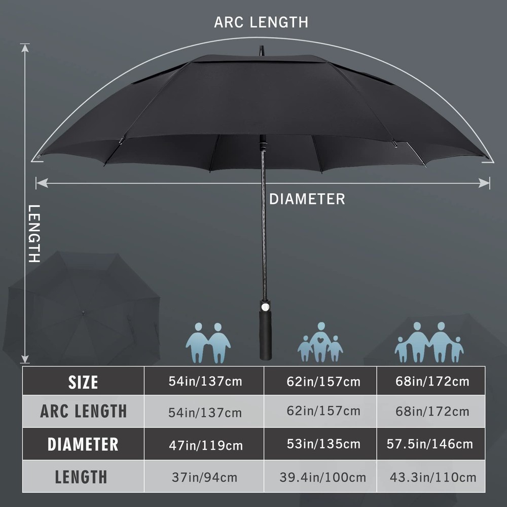 Large 54" Windproof Golf Umbrella - Double Canopy, Automatic Open, Black
