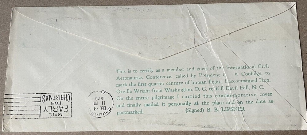Capt B. B. LIPSNER SIGNED - WRIGHT BROS ANNIV Cover 1928 KITTY HAWK NC w CONTENT