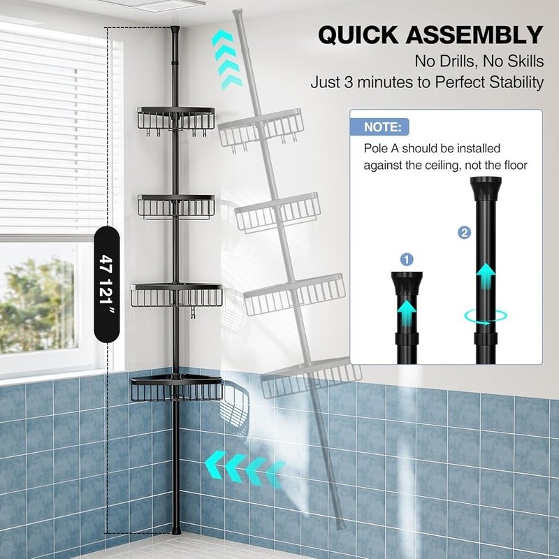 Adjustable Shower Caddy Tension Pole W/ 4 Baskets & Hooks Rust Resistant Storage