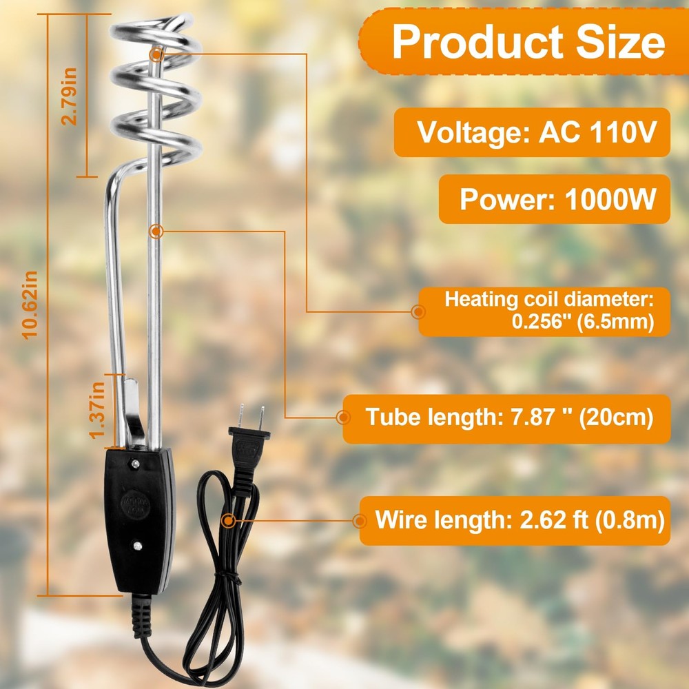 1000W-110V Immersion Water Heater-10in Electric Water Heater, Portable Submer...