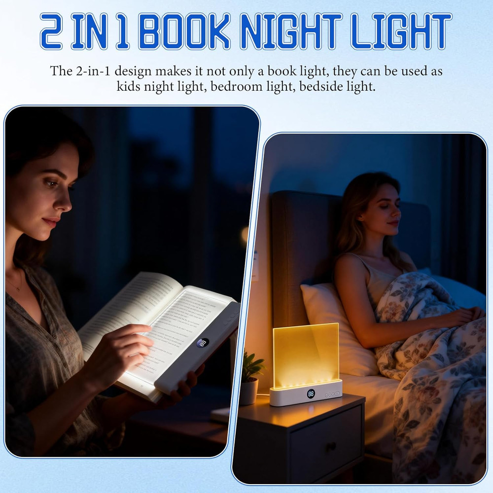 Book Light, Rechargeable Clear LED Flat Reading Light with 3 Colors & Timer, Dim