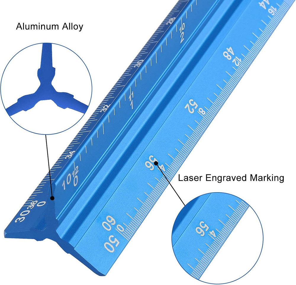 Engineer Scale Ruler 12 Inch, Aluminum Laser-Etched Triangular Drafting Tool for