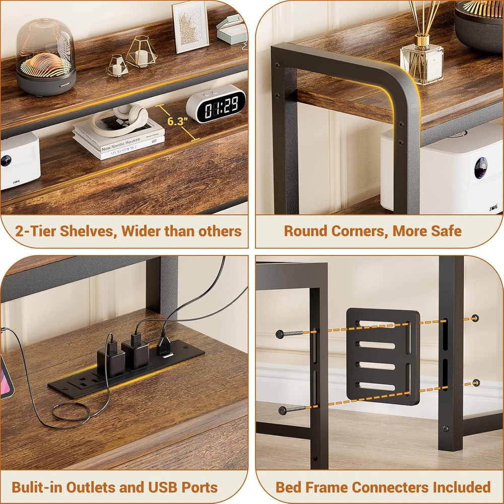 Rustic King Size Headboard with USB Ports, LED Light & Storage, Adjustable