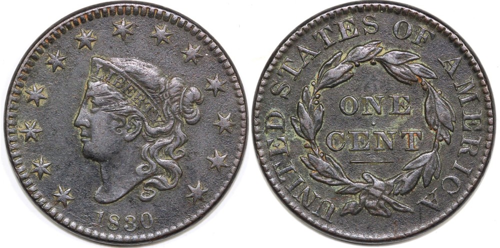 1830 1c N-8 Coronet or Matron Head Large Cent