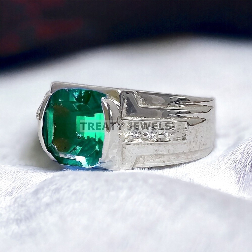 Emerald Cushion Cut Gemstone With 14K Solid White Gold Ring For Men's #547