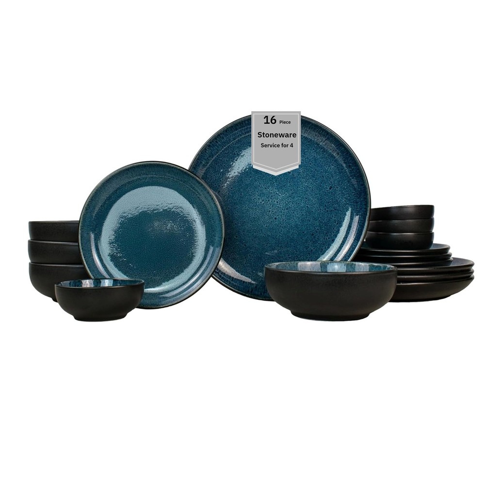 Sango 16-Piece Stoneware Dinnerware Set for 4, Glossy Black/Blue Big Dinner P...