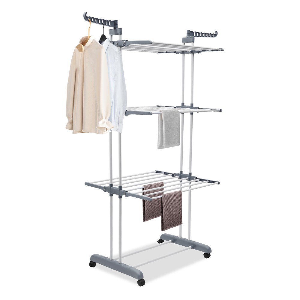67" Portable Folding Drying Rack with Retractable Trays & Stable Structure