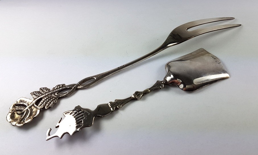 Sugar Scoop, Serving Fork, Ship, Rose, 800er Silver, about 1950 AL570
