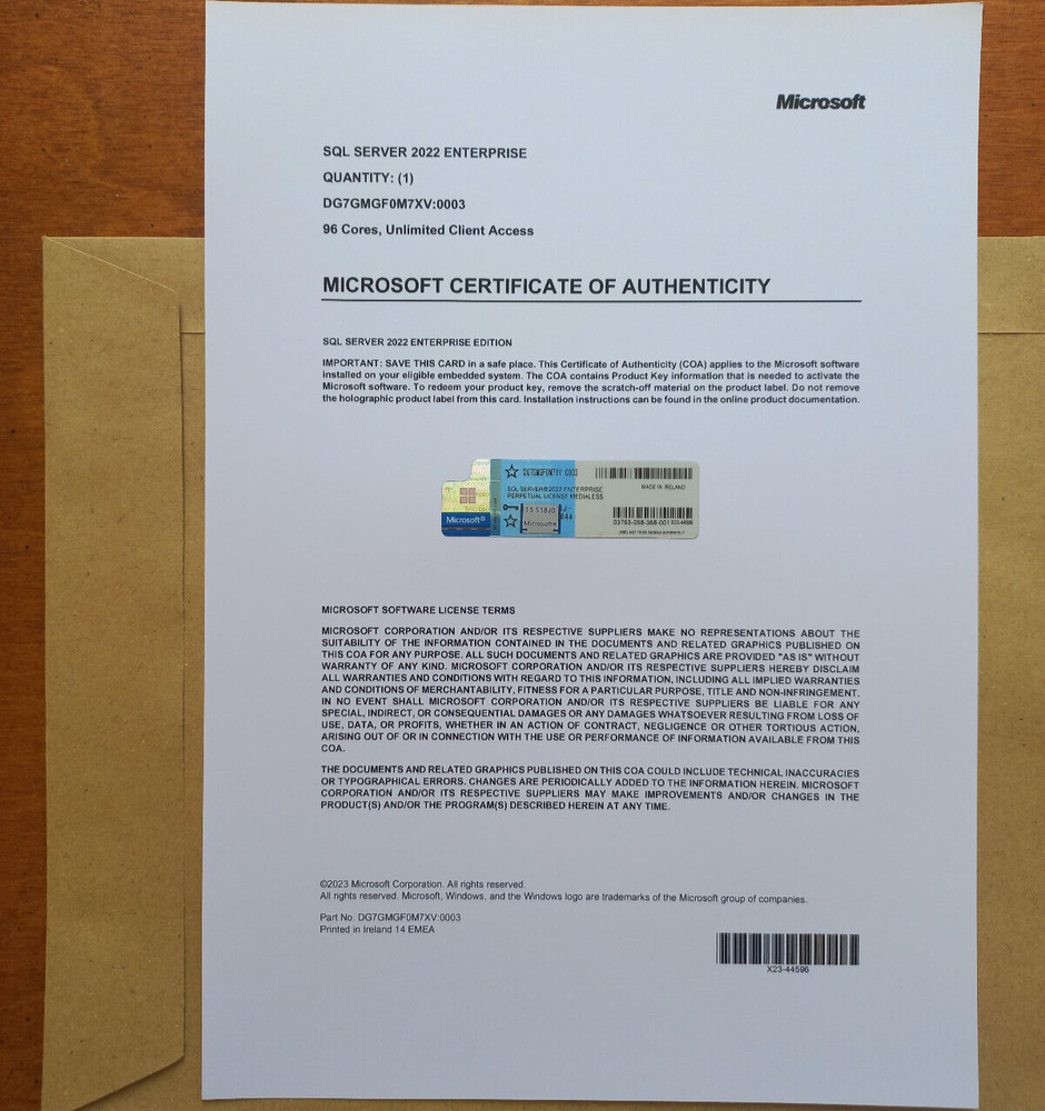 Microsoft SQL Server 2022 Enterprise 96 Core License Unlimtd CALs Authentic