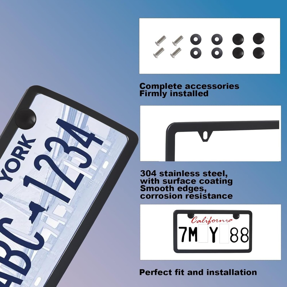 2PCS Premium Matte Black License Plate Frames, 2 Holes Solid RustFree Stainle...