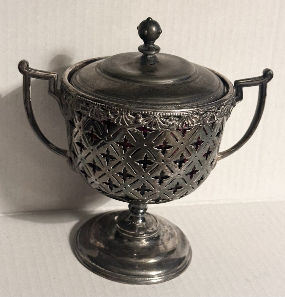 Antique Compote Amethyst Glass Lined 2 Handle Lid Footed Candy Dish Silver Plate