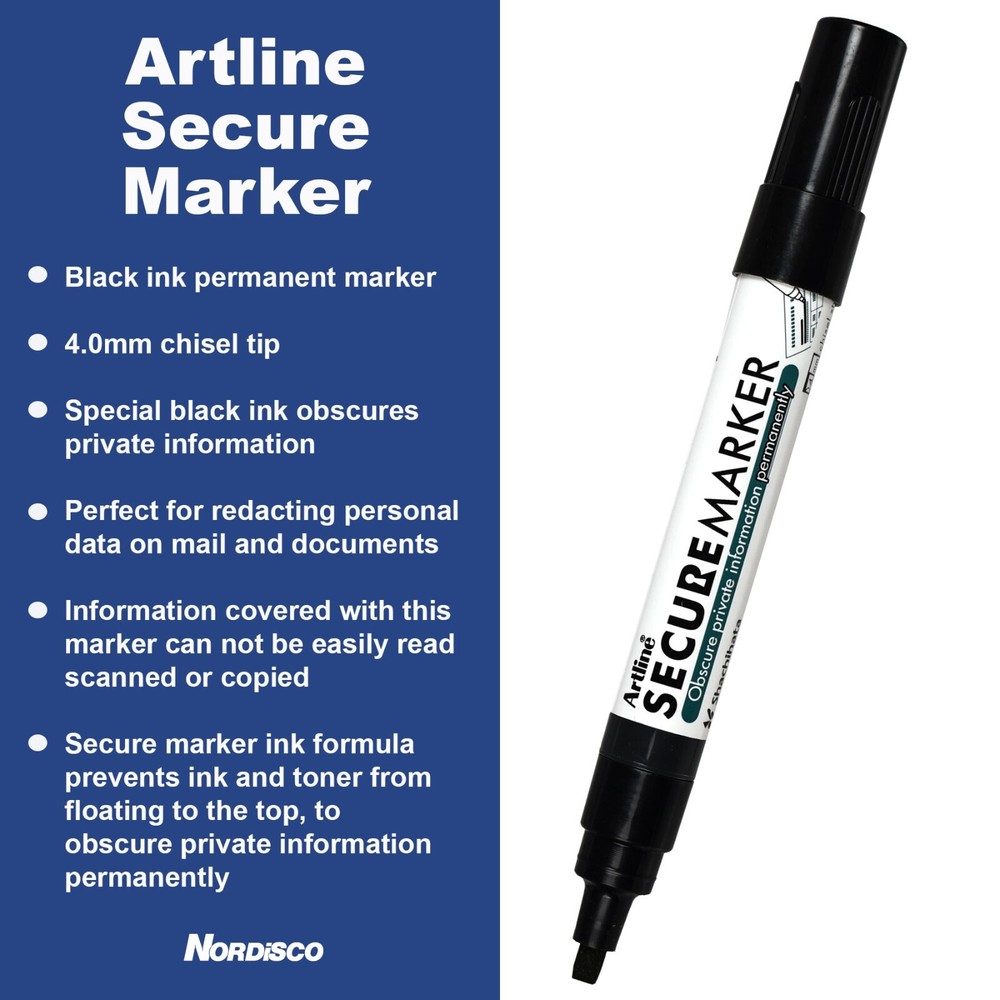 Artline Secure Marker 35305, Black Permanent Ink, 4.0mm Chisel Tip