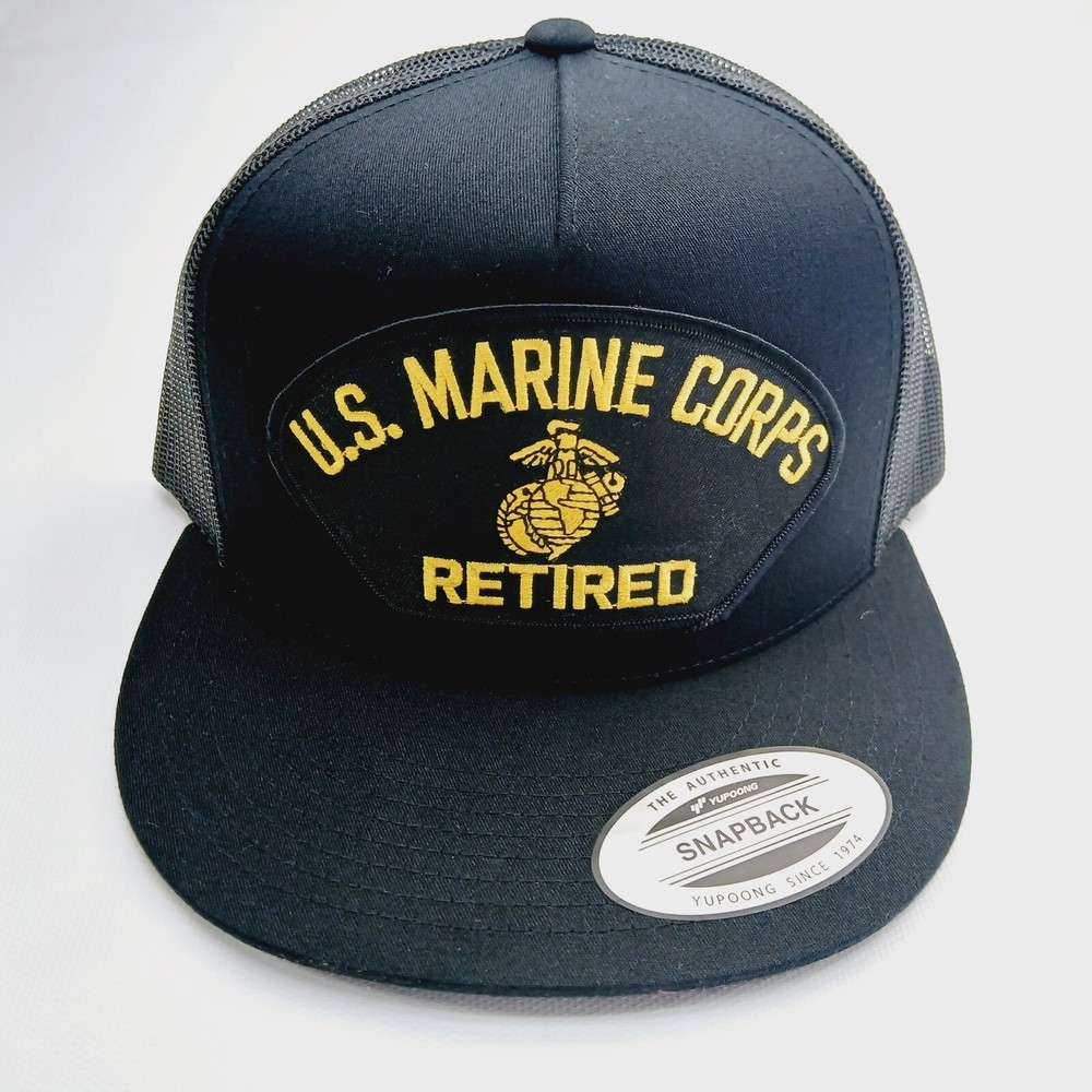 Solid Black Flatbill  Mesh Snapback Retired Marine Corp Patch Hat