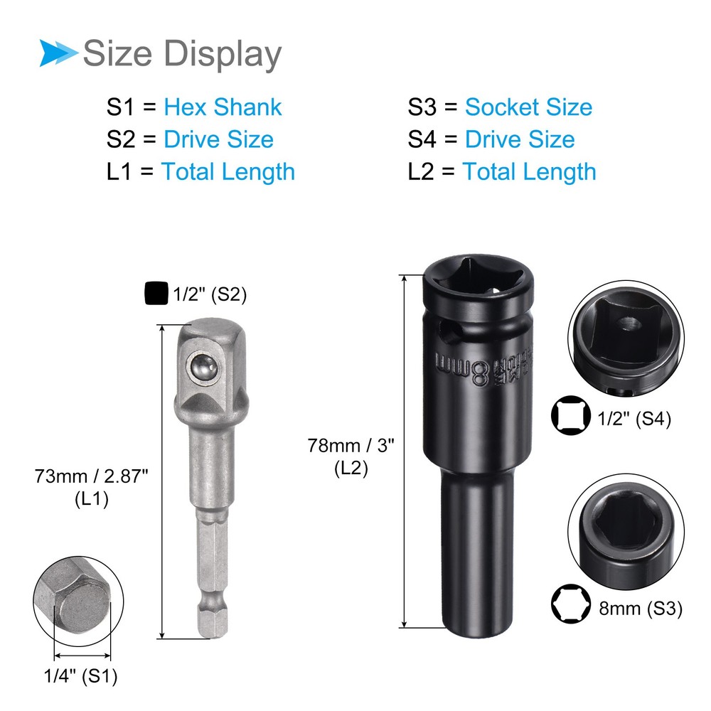 Deep Socket Set 8mm 1/2" Drive 6-Point Socket CR-V with 1/4" Hex Shaft