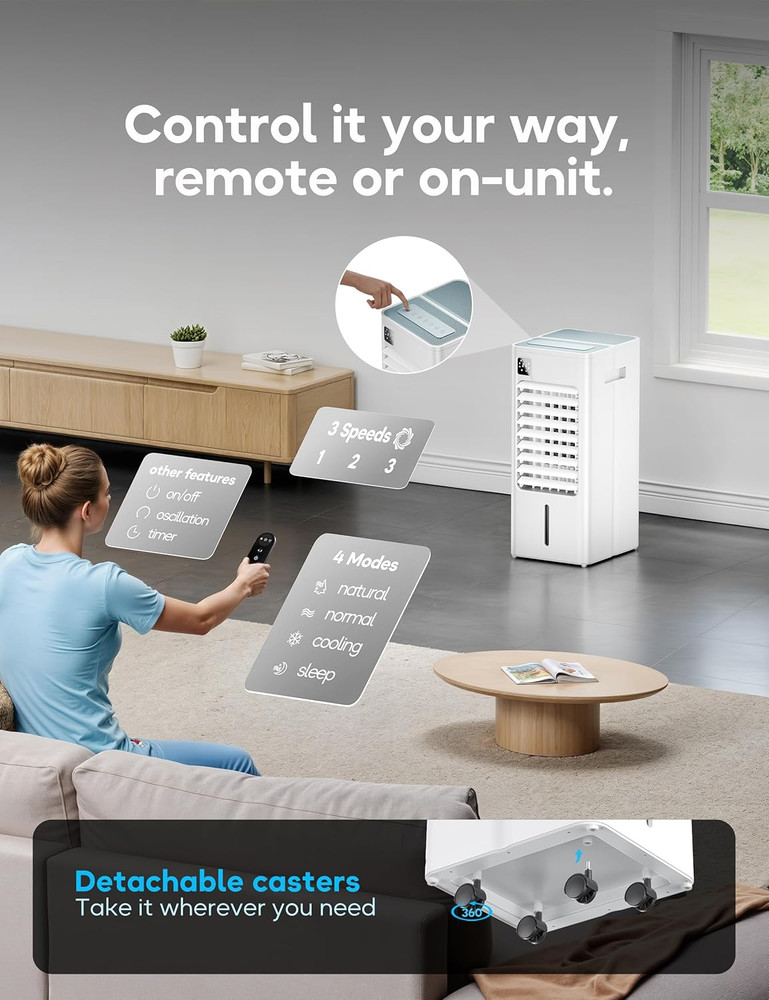 Portable Air Conditioner with Remote, 3 Speeds & 12H Timer - No Window Needed