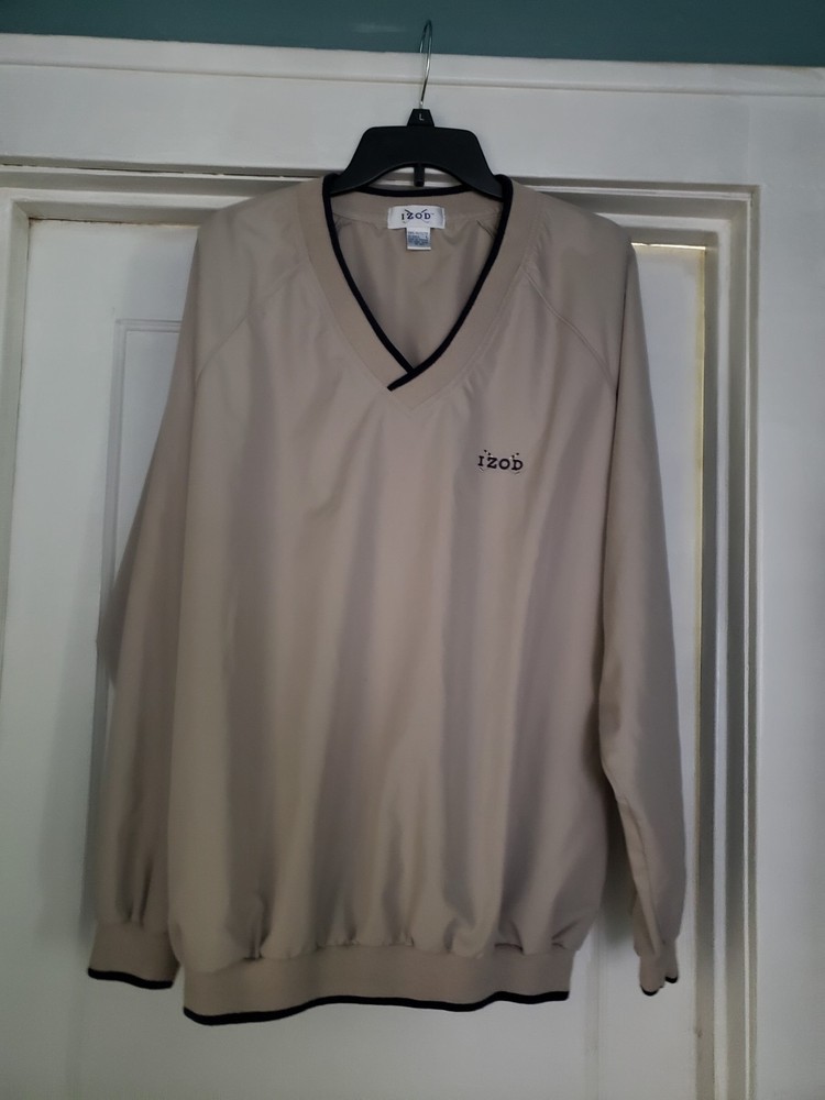 Izod Golf V Neck Windbreaker Pullover Top, Khaki/navy, Size Large