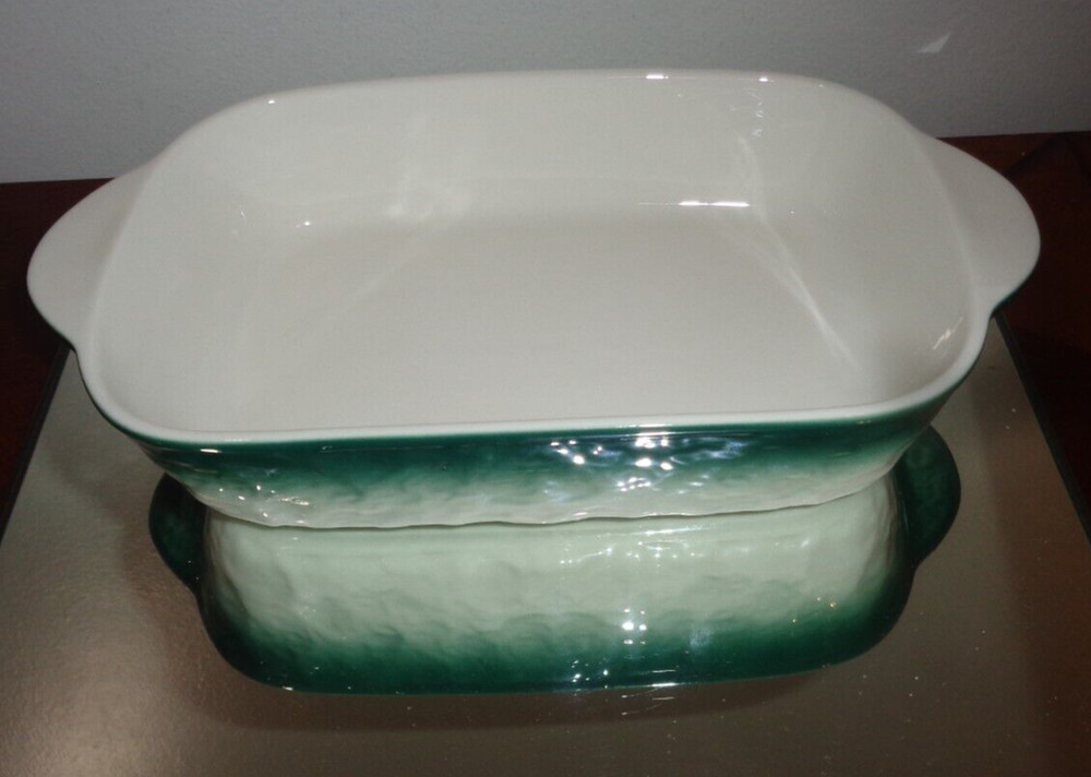 Set of 2 Green & Gray Ceramic Rectangular Baking Roasting Stackable Pan 9X5.5X1"