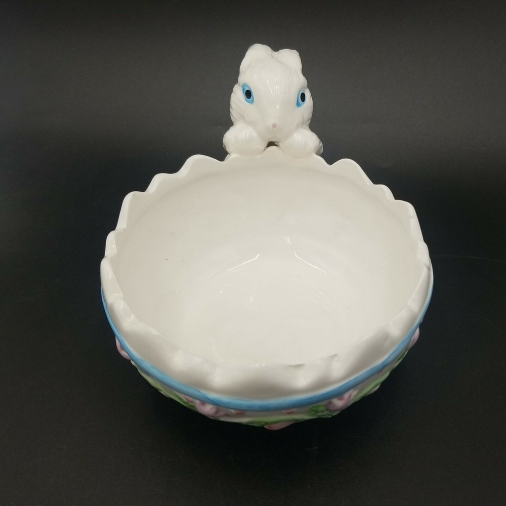 Easter Bunny Looking into Cracked Egg Planter w/Pink Flowers