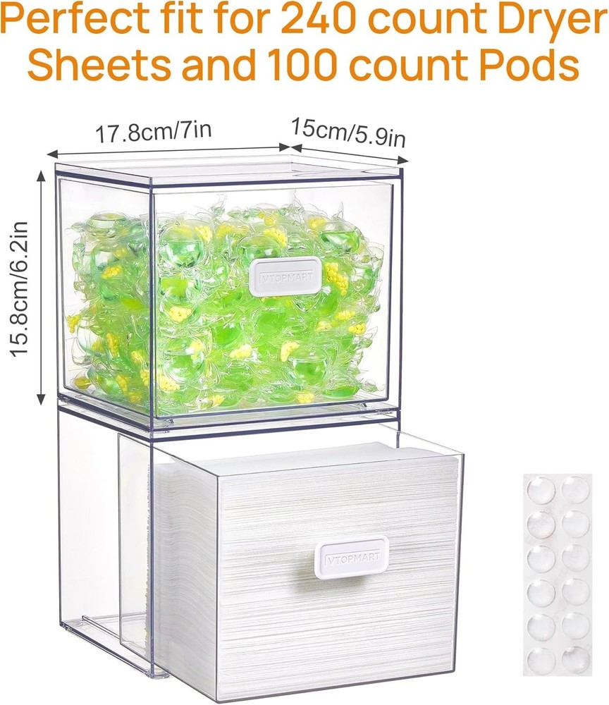 2 Pack Dryer Sheet Holder and Laundry Pods Container,Clear Stackable Storage ...