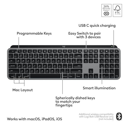 MX Keys S for Mac, Wireless Fluid, Precise Full Size Space Grey Keyboard