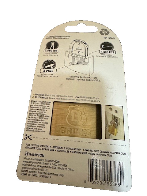 Brinks Solid Brass Body High Security Padlock 161-50001 2800 Lb Cut Resistant