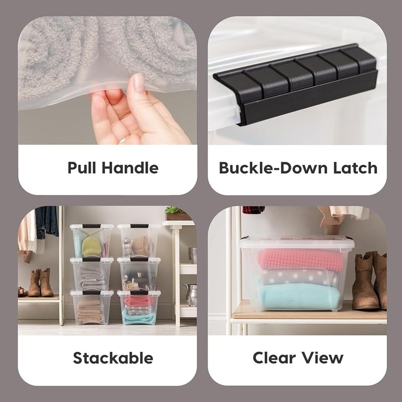 Stackable Clear Plastic Storage Bins W/ See-Through Design & Pull Handle 4 Pack