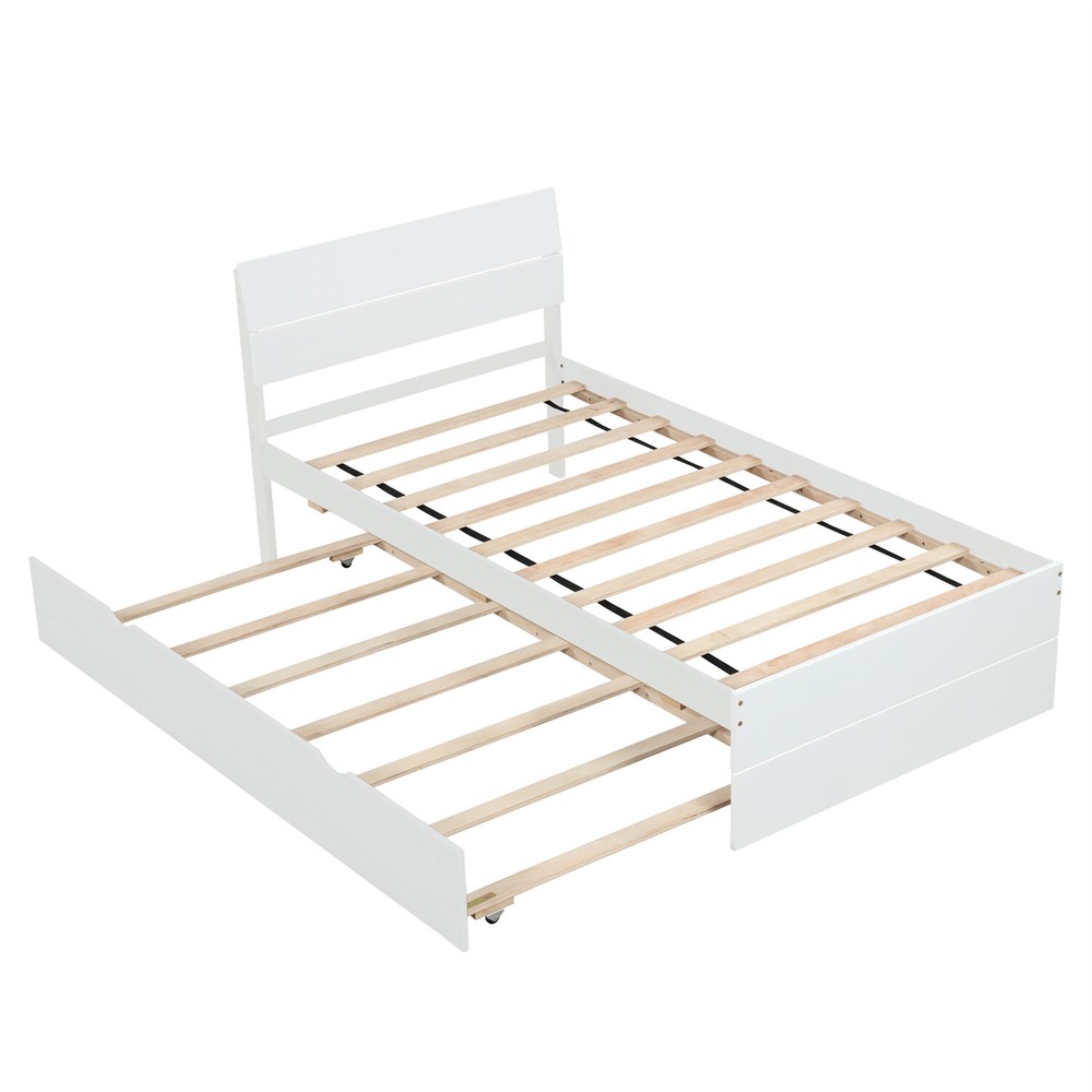 Twin Size Bed Frame Wood Platform Bed Frame w/ Headboard & Pull Out Trundle