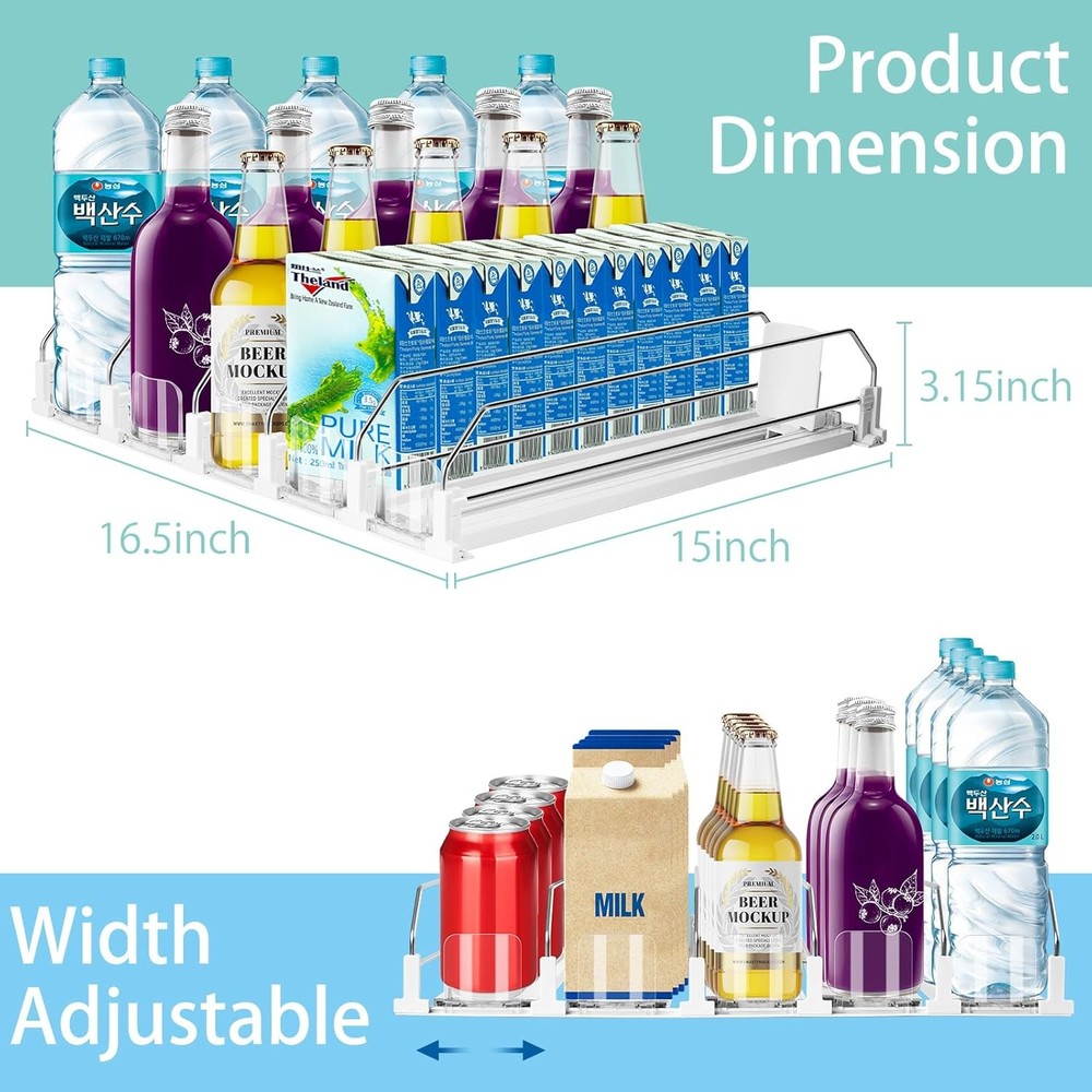 Drink Organizer for Fridge, 5 Row Automatic Pusher Glide, Adjustable Width Soda