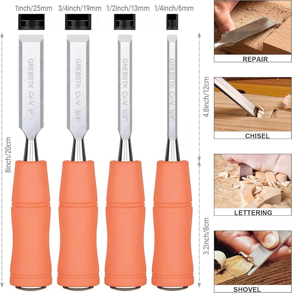 4-Piece Chisel Set with Ergonomic Handle & Blade Guards for Woodworking
