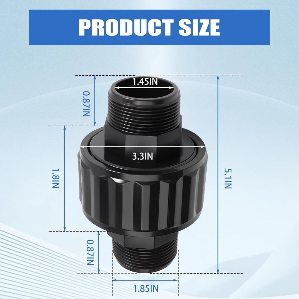 SP1480BLK 泳池泵过滤器接头 适用于 Hayward DE 和滤芯过滤器 - 1-1/2 英寸自对准双公头接头