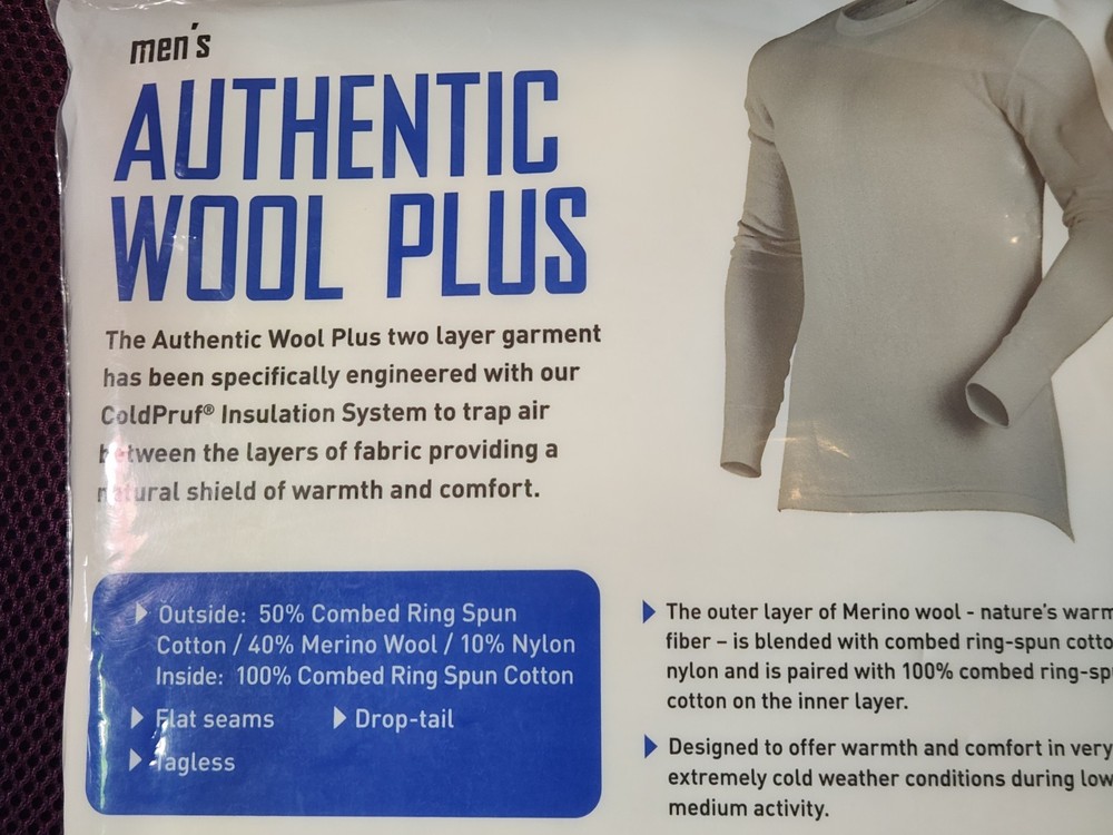 2-NEW ! Mens Large ColdPruf Authentic Wool Plus thermal top