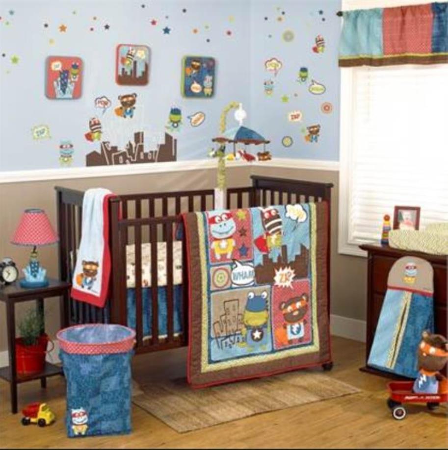 FULL CRIB SIZE Cocalo Superhero Pals VALANCE, DIAPER STACKER & 3-PC BEDDING SET