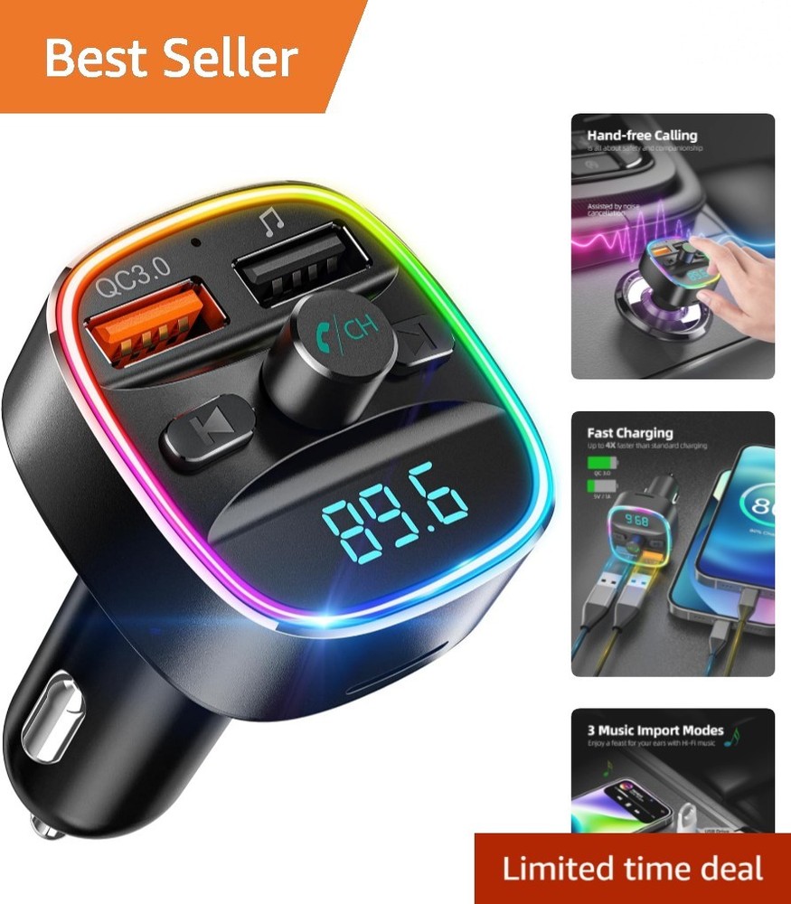 Multi-Functional Bluetooth FM Transmitter & Dual USB Charger with Lights - Black