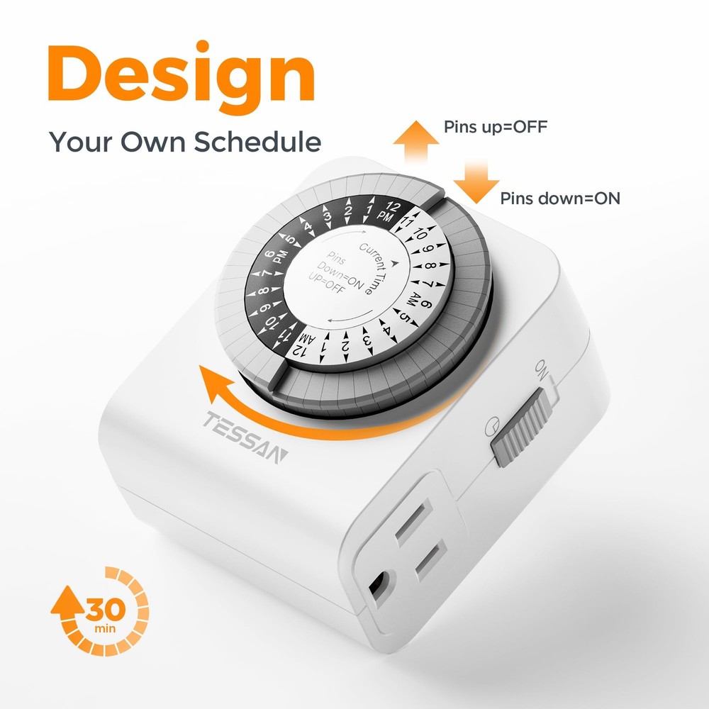 TESSAN Outlet Timer, Mechanical 24-Hour Light Timers for Gray&white 2 Pack