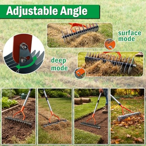Thatch Rake for Lawn, 15'' Wide Thatcher Rake with 40-70'' Adjustable Handle,