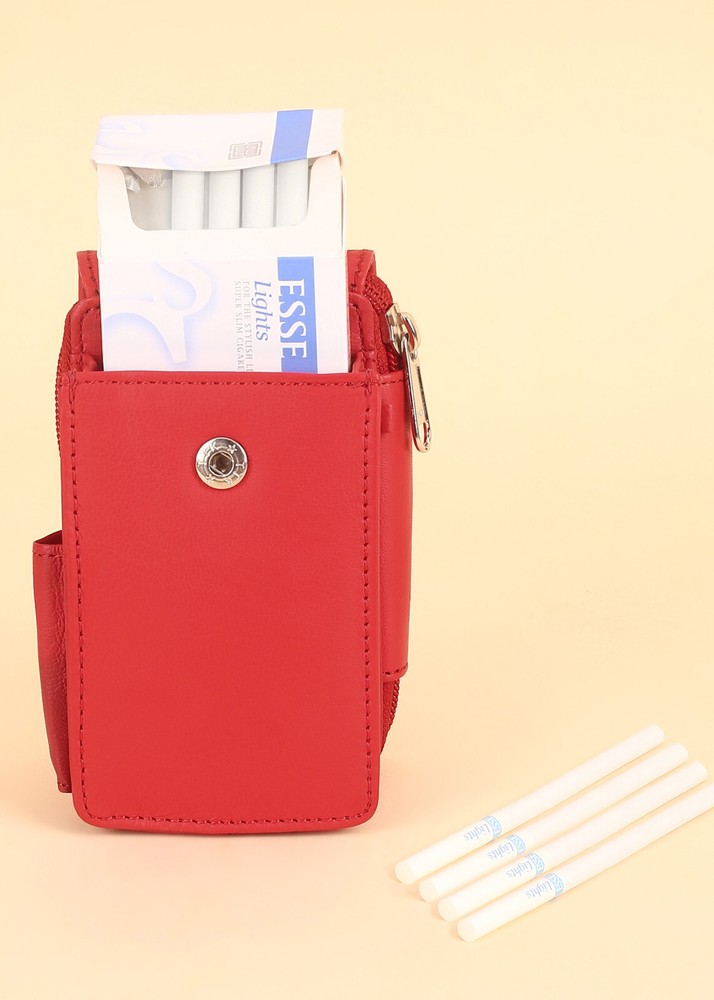Leatherboss Cigarette Case Lighter holder Attached All Around Zipper Wallet RED