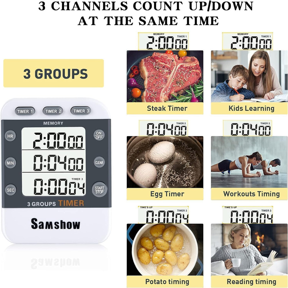 Digital Kitchen Timer Dual Timers 3 Channels Count Up/Down Cooking Timer Large