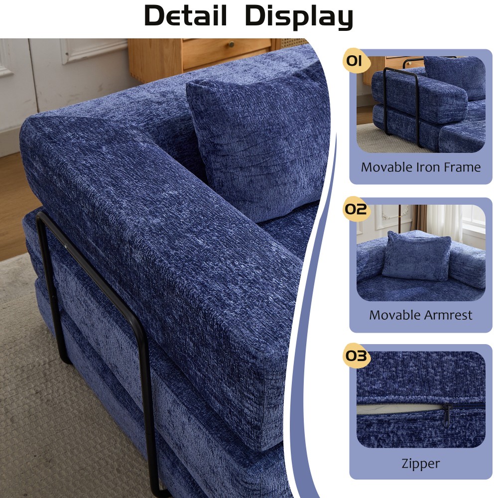 Foldable Sofa Bed with Memory Foam - Dark Blue Chenille Fabric