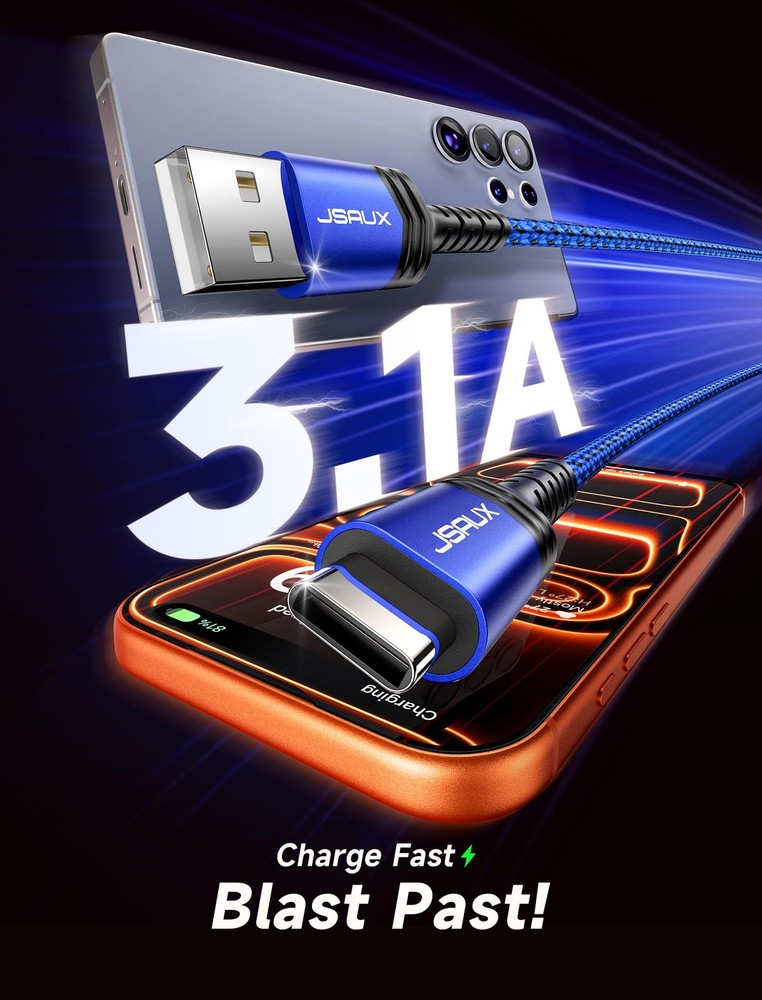JSAUX USB C Cable Fast Charging 3.3ft+6.6ft+10ft, Blue