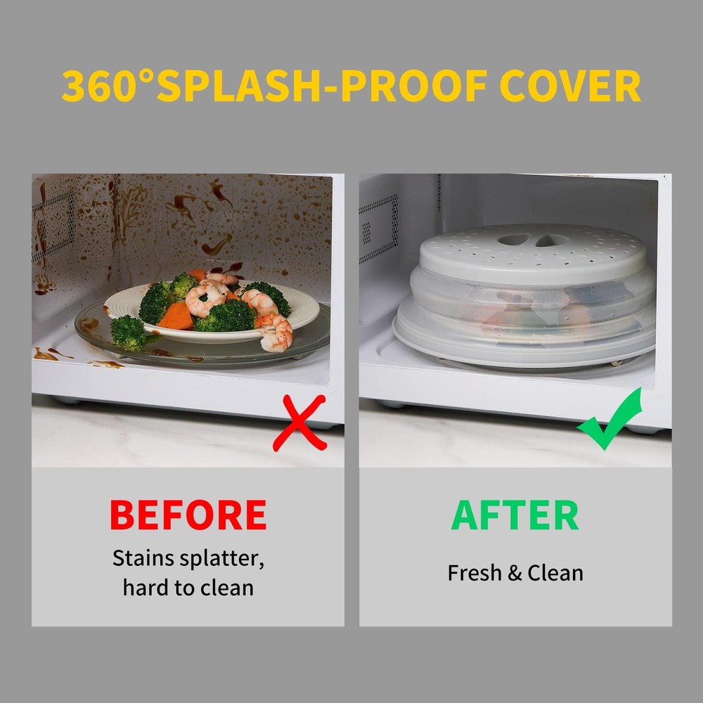2 PACK Collapsible Microwave Splatter Cover with Handle Vented White and Grey