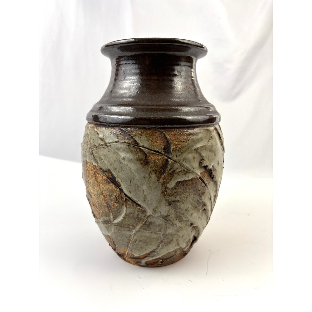 Vintage Studio Art Pottery Vase Impressed Leaf Design Rustic Stoneware Glaze