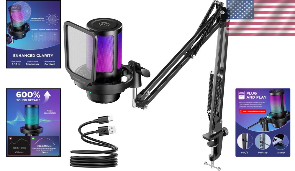 Crystal Clear USB Gaming Mic with Noise Cancellation & Adjustable Gain Control
