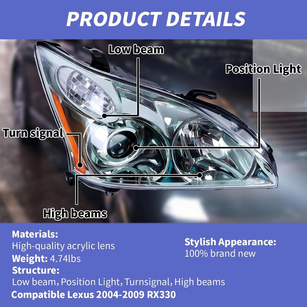 Halogen Headlight Assembly Compatible for 2004-2009 Lexus RX330 Left, Right