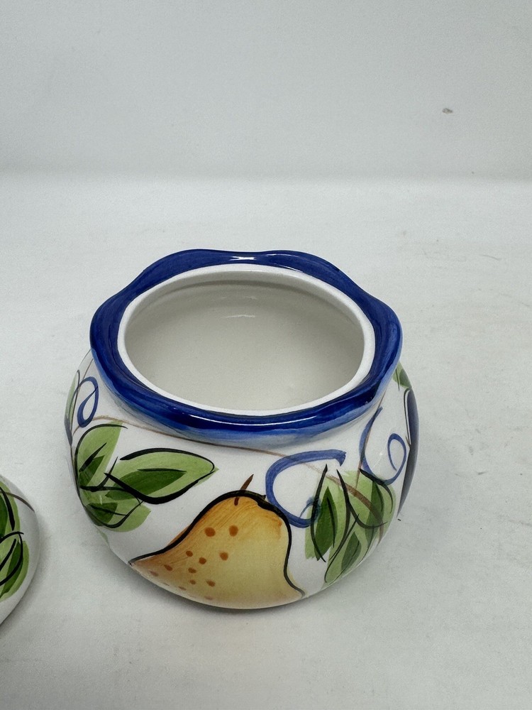 capriware Covered Sugar Bowl & Creamer Fruit Design w/ Cobalt Blue Trim EUC HTF