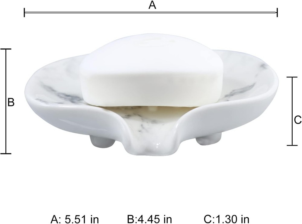White Marble Texture Soap Dish Ceramic Holder Self Draining